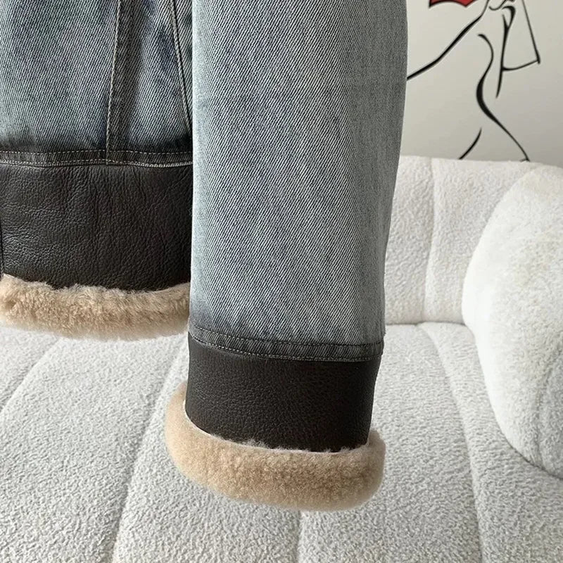 Gruba kurtka damska Denim skóra owcza z futrem Puch Noir