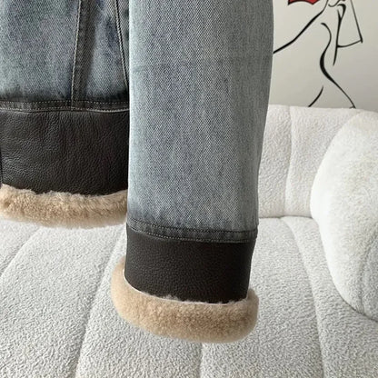 Gruba kurtka damska Denim skóra owcza z futrem Puch Noir