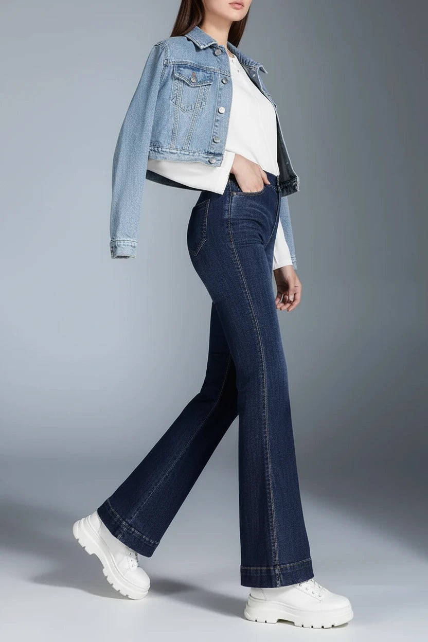 Damskie Spodnie Jeansowe z Bawełny – Wysoki Stan, Elastyczne, Rozszerzane Nogawki