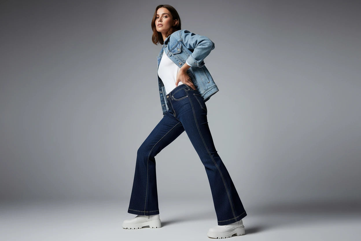 Damskie Spodnie Jeansowe z Bawełny – Wysoki Stan, Elastyczne, Rozszerzane Nogawki