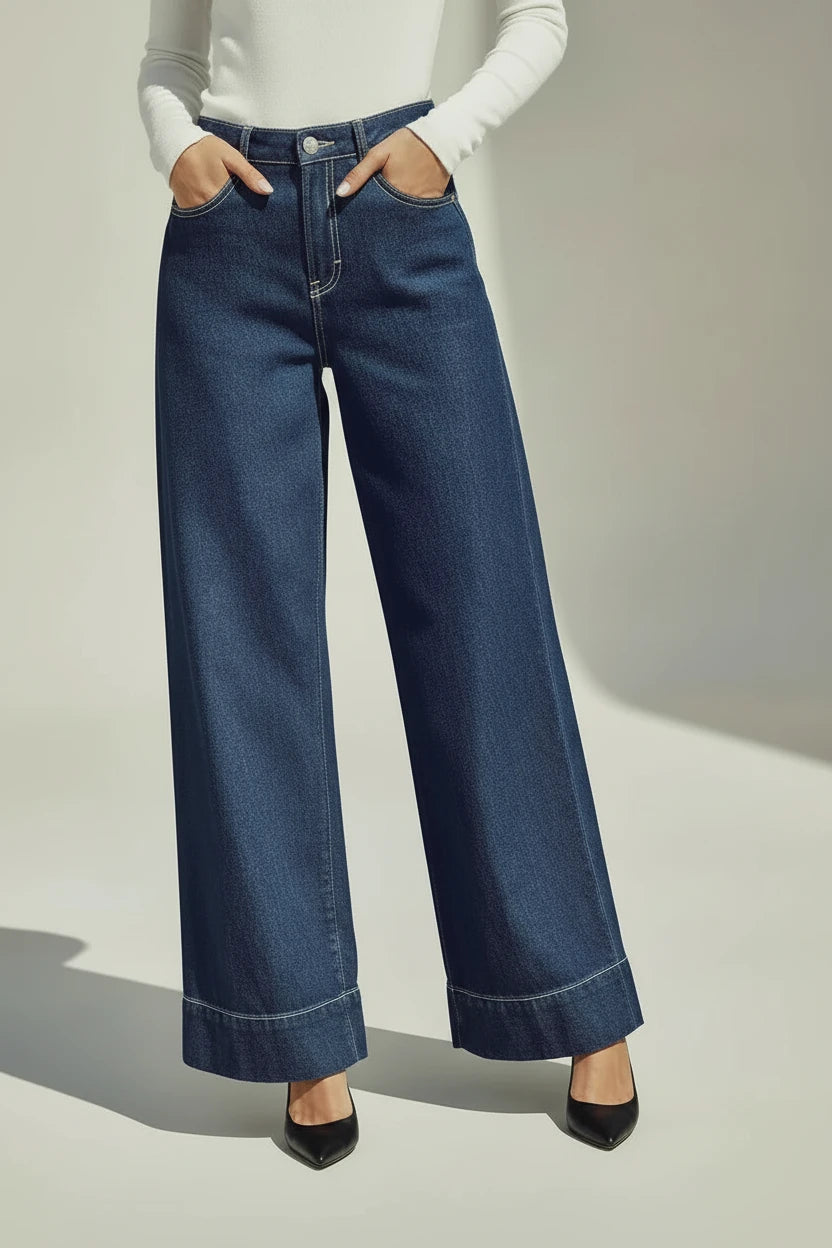 Wide Leg, Które Pracują dla Sylwetki – Niebieskie Jeansy z Wysokim Stanem i Charakterem Vintage