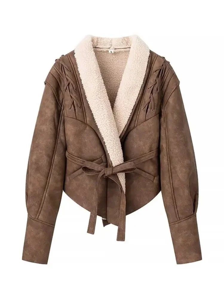 Kurtka Skórzana Damska z Paskiem i Kapturem