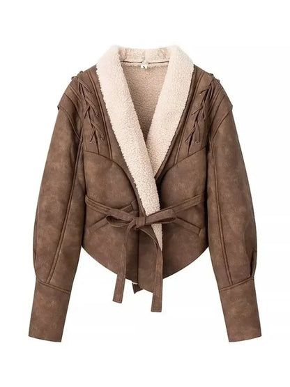 Kurtka Skórzana Damska z Paskiem i Kapturem