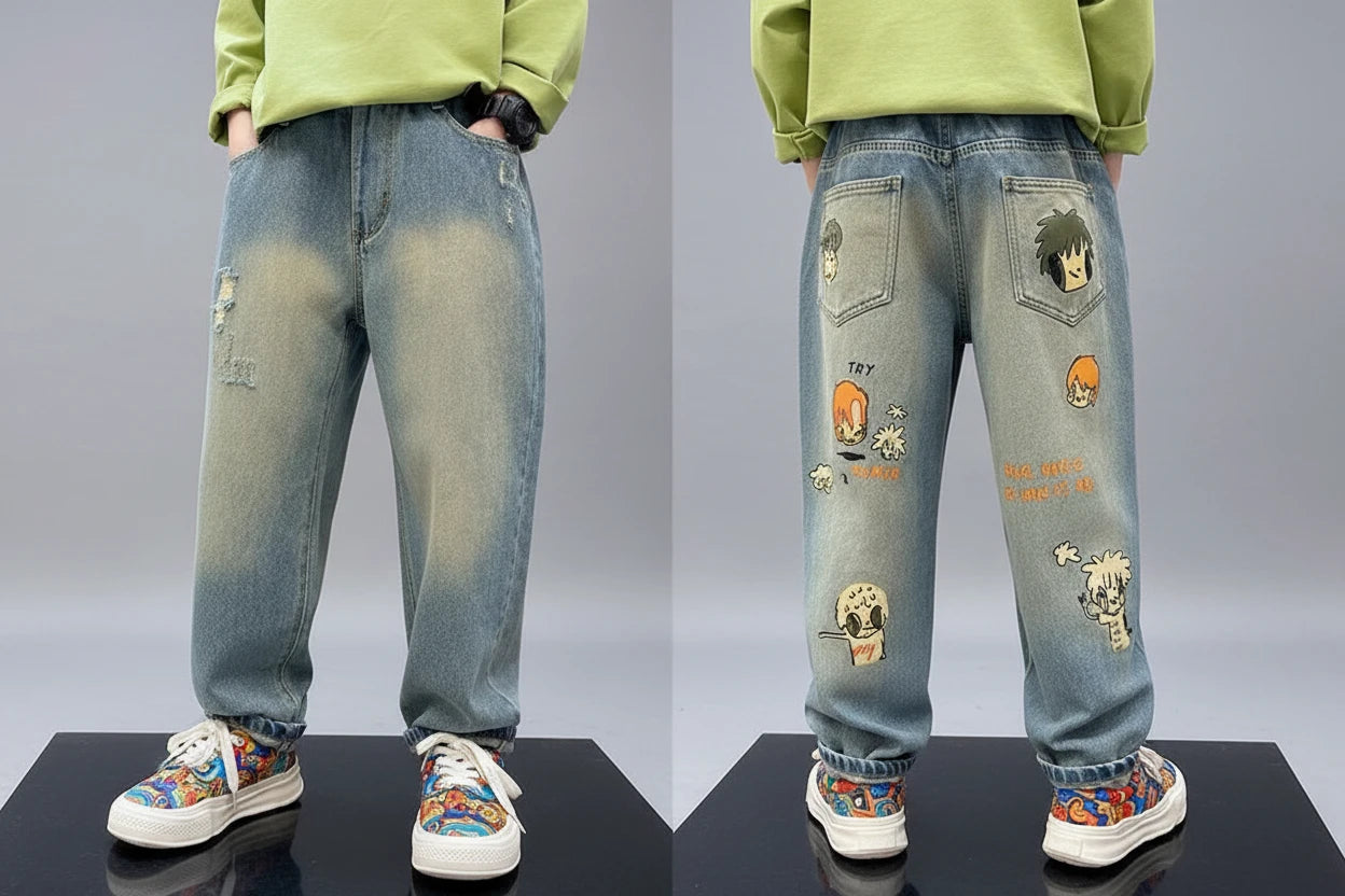 Chłopięce spodnie dżinsowe z nadrukiem cartoon – outdoor