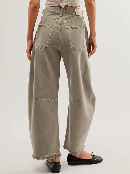 Vintage Baggy Wide Leg Jeans Damskie z Frędzlami