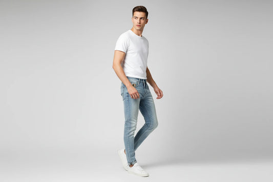 Męskie jasnoniebieskie jeansy washed – retro prosta nogawka całoroczny denim