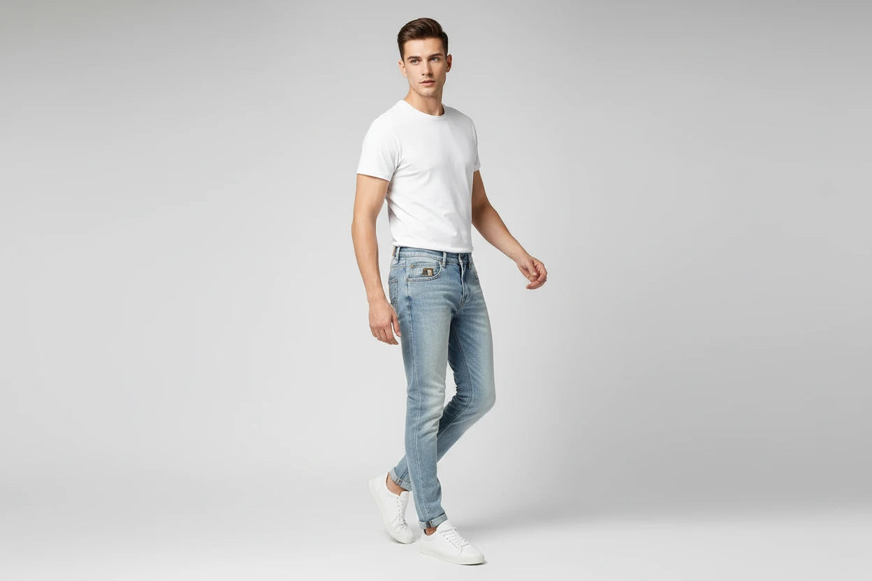 Męskie jasnoniebieskie jeansy washed – retro prosta nogawka całoroczny denim