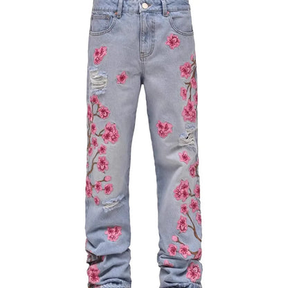 Męskie Jeansy Straight z Nadrukiem i Dziurami – Streetwear Mid Waist Denim