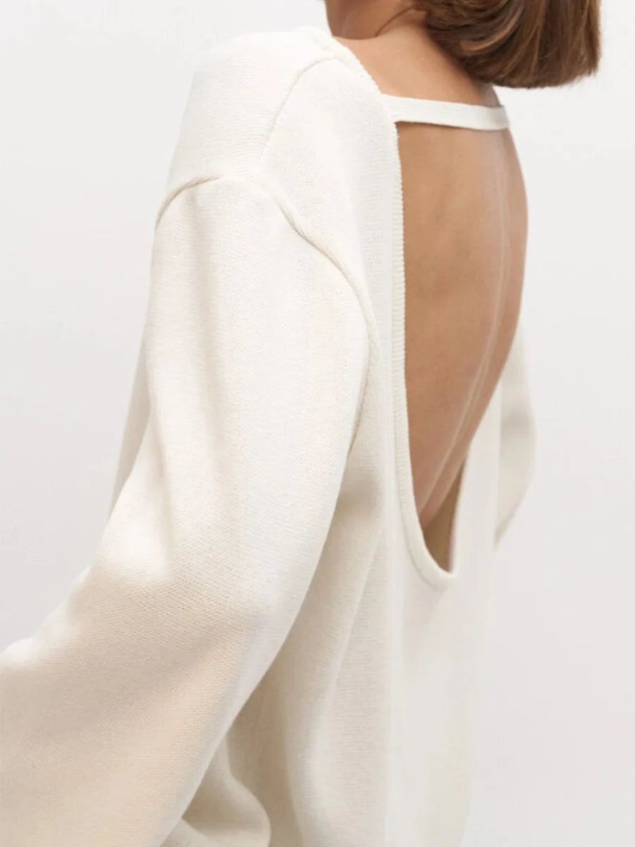 Sweter Damski z Czystej Bawełny – Luźny Krój, Dekolt O-Neck i Modne Odsłonięte Plecy