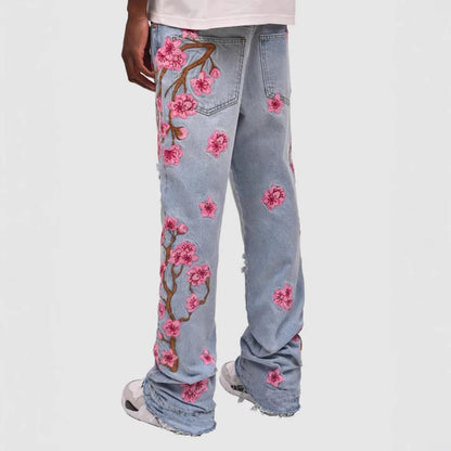 Męskie Jeansy Straight z Nadrukiem i Dziurami – Streetwear Mid Waist Denim