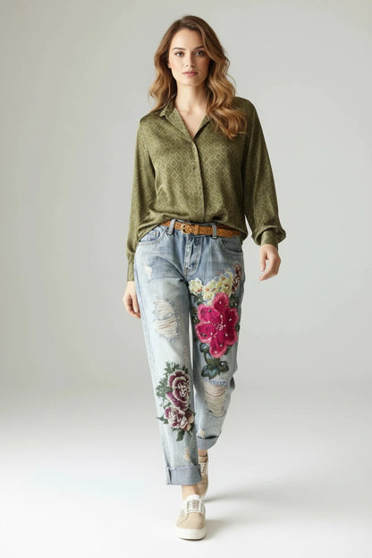 Jeansy Damskie z Haftem Kwiatowym