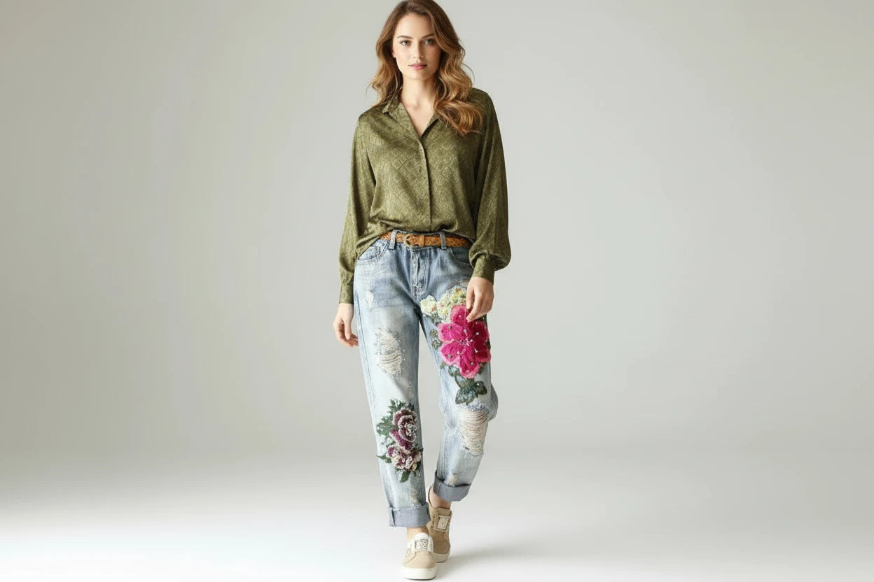 Jeansy Damskie z Haftem Kwiatowym