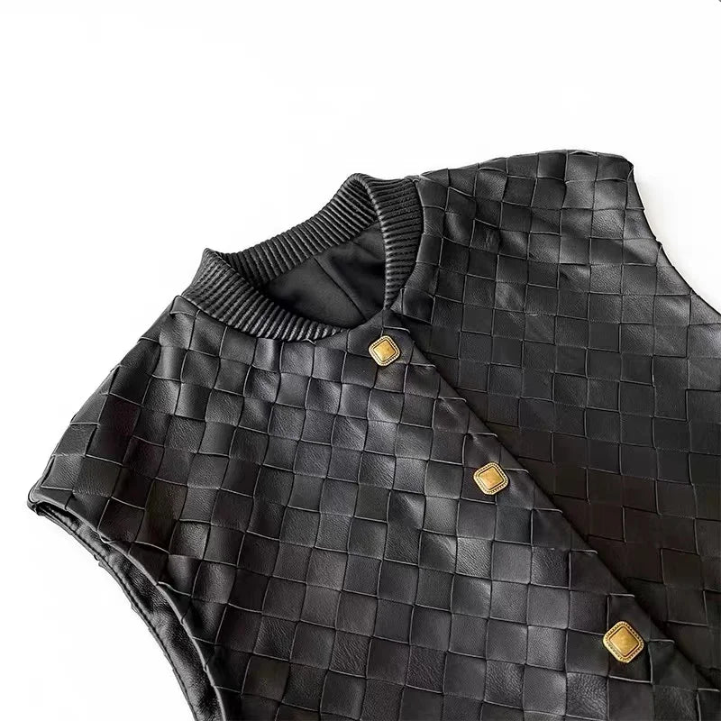 Ręcznie Dziana Skórzana Kamizelka Damska Skóra owcza