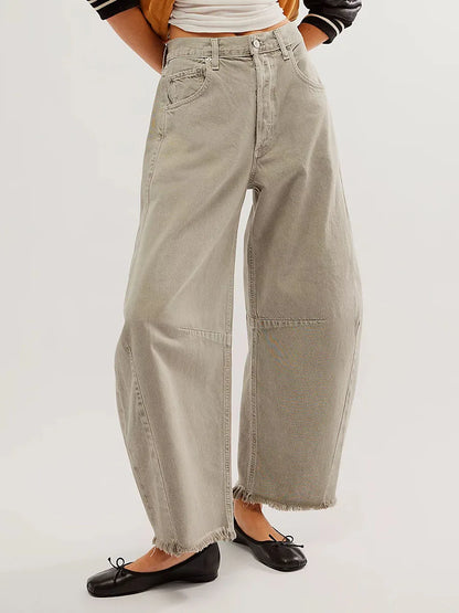 Vintage Baggy Wide Leg Jeans Damskie z Frędzlami