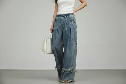 Damskie Szerokie Spodnie Jeansowe z Frędzlami – Luźny Krój