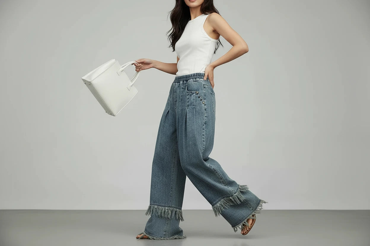 Damskie Szerokie Spodnie Jeansowe z Frędzlami – Luźny Krój