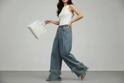 Damskie Szerokie Spodnie Jeansowe z Frędzlami – Luźny Krój