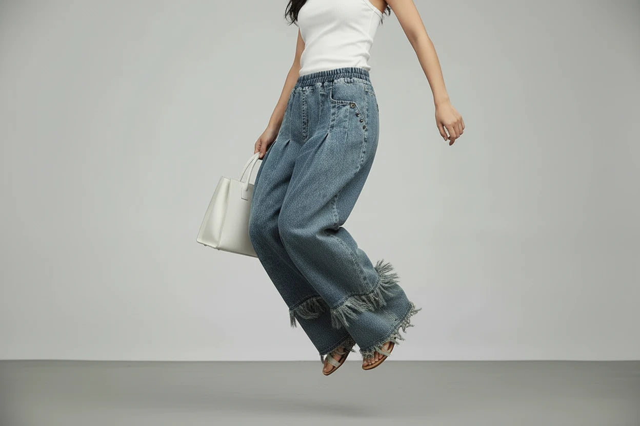 Damskie Szerokie Spodnie Jeansowe z Frędzlami – Luźny Krój