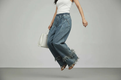 Damskie Szerokie Spodnie Jeansowe z Frędzlami – Luźny Krój