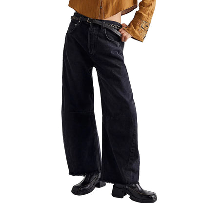 Vintage Baggy Wide Leg Jeans Damskie z Frędzlami