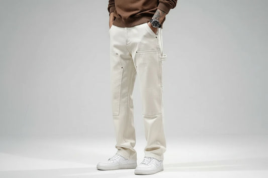 Białe jeansy męskie z naszywką na udzie – proste spodnie denim cargo z nitami