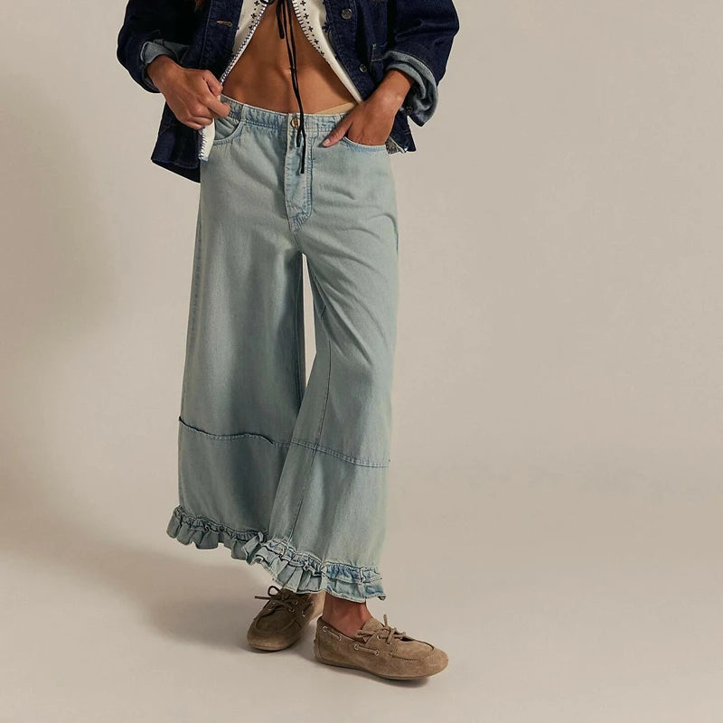 Damskie Jeansy Baggy z Szerokimi Nogawkami i Marszczonymi Falbanami