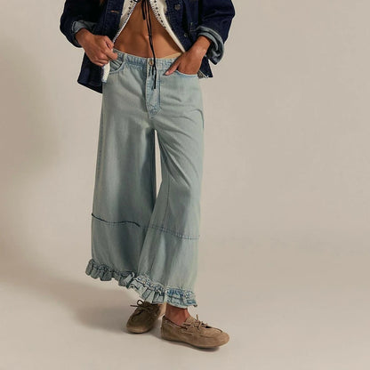 Damskie Jeansy Baggy z Szerokimi Nogawkami i Marszczonymi Falbanami
