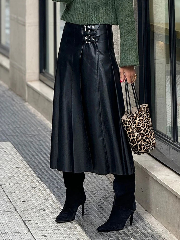 Elegancka czarna Spódnica High Waist z klamrą