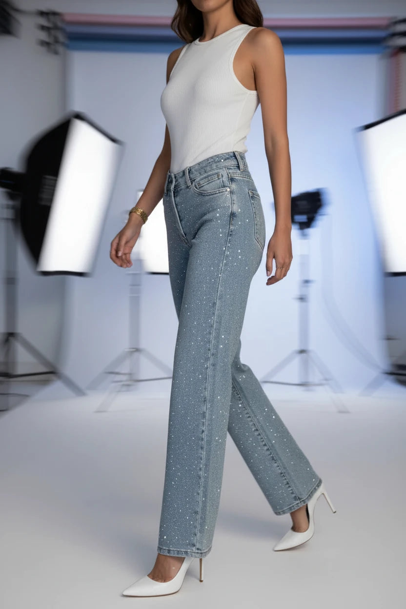 Jeansy Straight Damskie z Wysokim Stanem Stretch – Vintage Denim z Diamentami