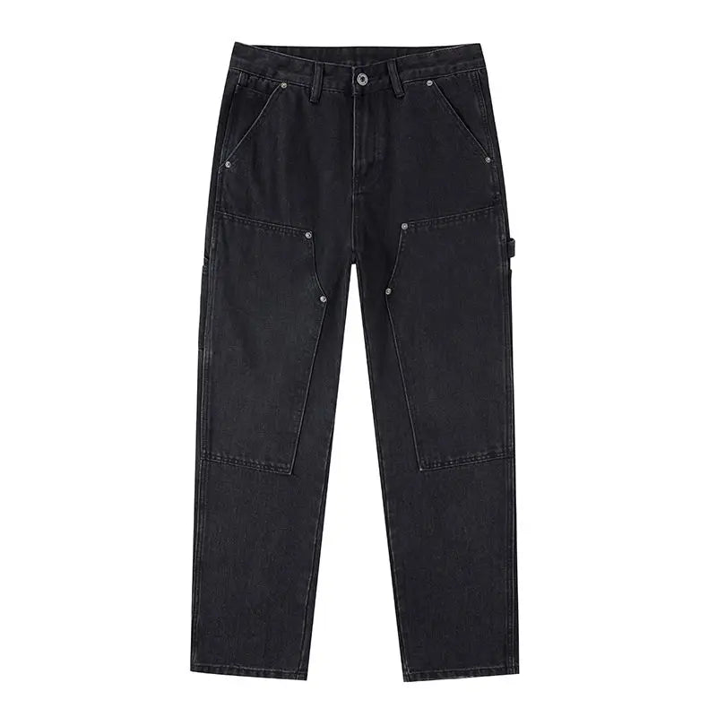 Białe jeansy męskie z naszywką na udzie – proste spodnie denim cargo z nitami