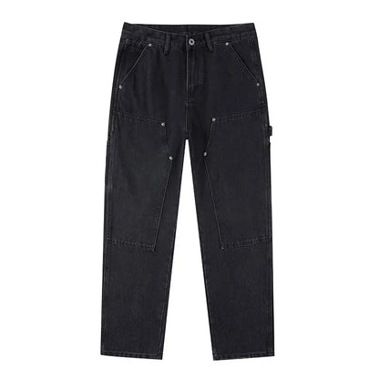 Białe jeansy męskie z naszywką na udzie – proste spodnie denim cargo z nitami