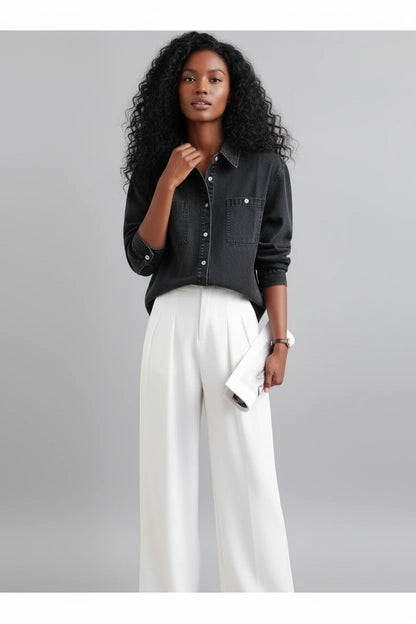 Czarna Cienka Koszula Jeansowa Damska – Streetwear Retro z Długim Rękawem