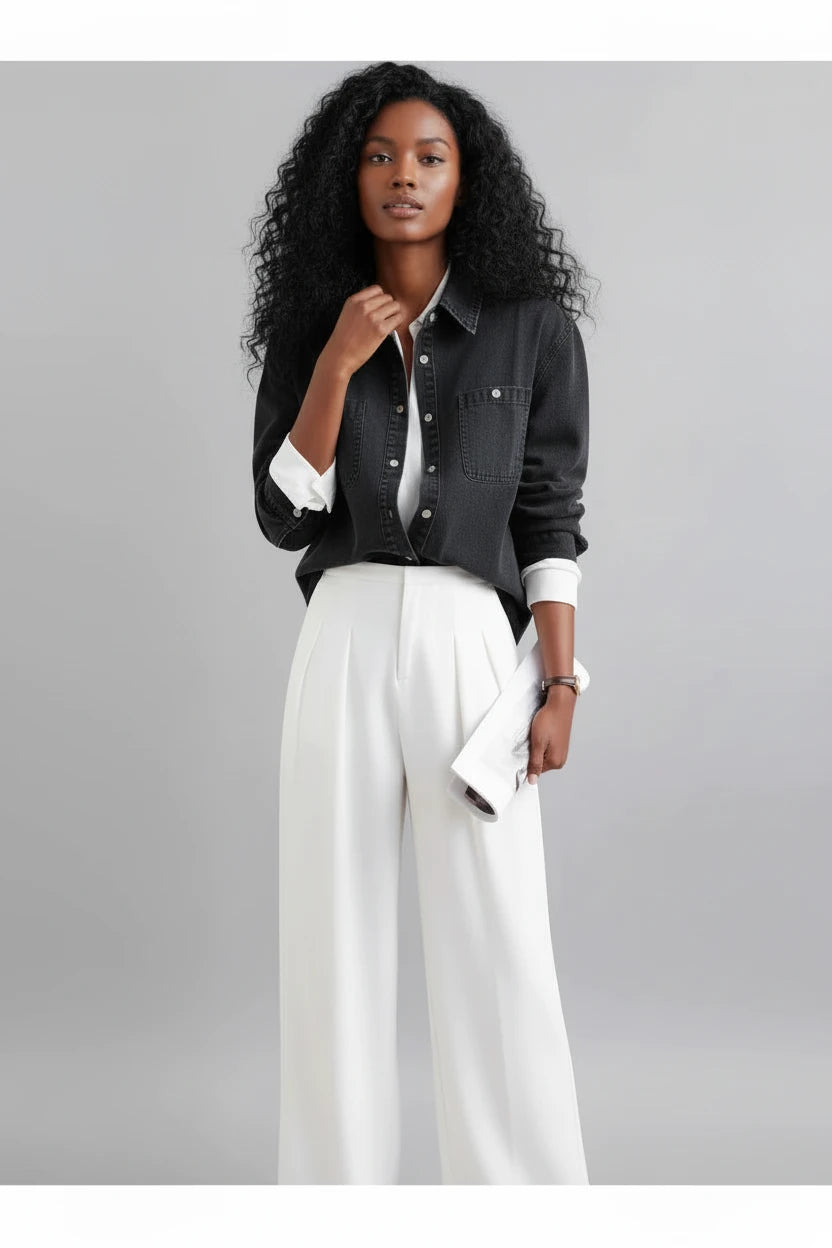 Czarna Cienka Koszula Jeansowa Damska – Streetwear Retro z Długim Rękawem