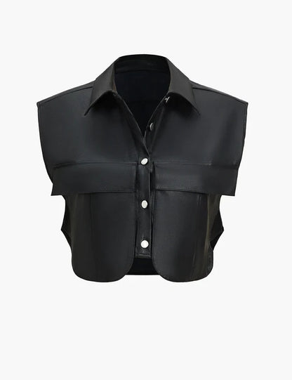 Elegancka Kamizelka ze Sztucznej Skóry z Klapami