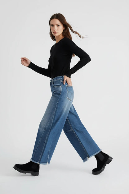 Vintage Baggy Wide Leg Jeans Damskie z Frędzlami