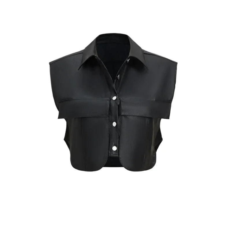 Elegancka Kamizelka ze Sztucznej Skóry z Klapami