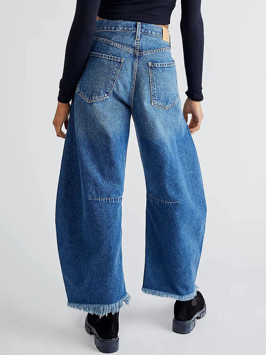 Vintage Baggy Wide Leg Jeans Damskie z Frędzlami