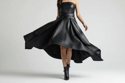 Spódnica Skórzana Plisowana A-Line z Wysokim Stanem - Czarna Elegancka Maxi