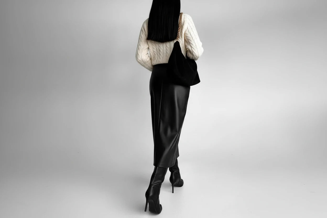 Spódnica Skórzana Maxi z Wysokim Stanem i Rozcięciem - Elegancka Ołówkowa