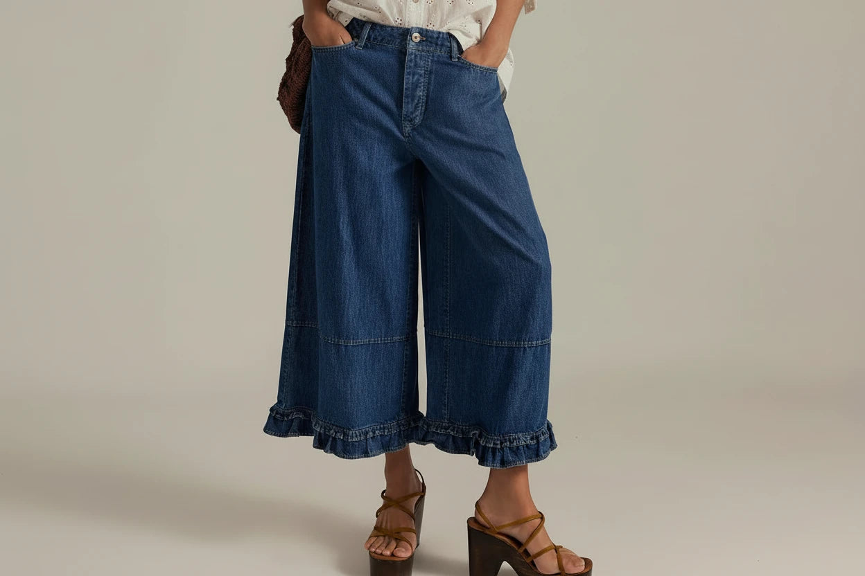 Damskie Jeansy Baggy z Szerokimi Nogawkami i Marszczonymi Falbanami