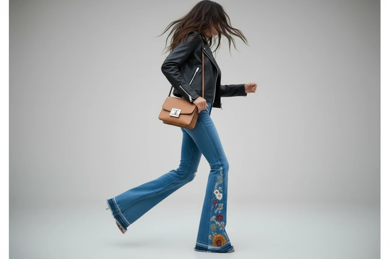 Jeansy damskie dzwony haftowane przecierane z motywem kwiatowym