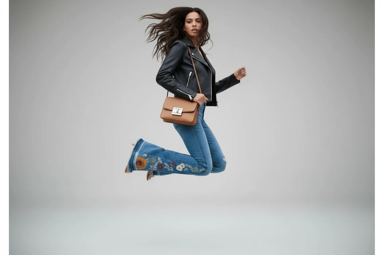 Jeansy damskie dzwony haftowane przecierane z motywem kwiatowym