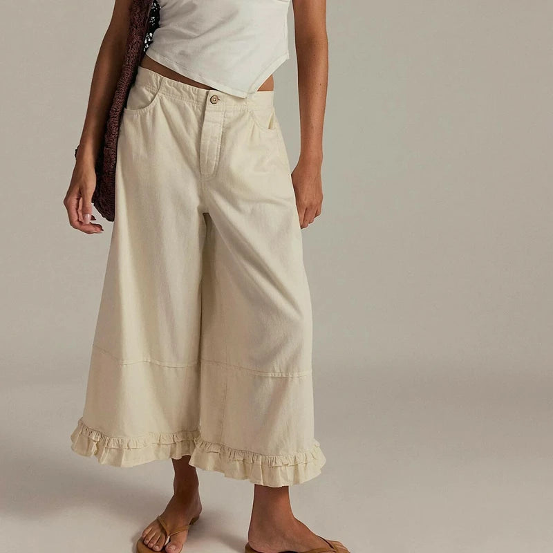 Damskie Jeansy Baggy z Szerokimi Nogawkami i Marszczonymi Falbanami