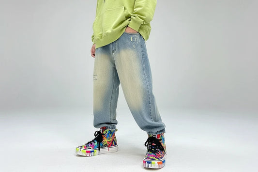 Chłopięce spodnie dżinsowe z nadrukiem cartoon – outdoor