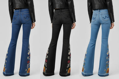 Jeansy damskie dzwony haftowane przecierane z motywem kwiatowym