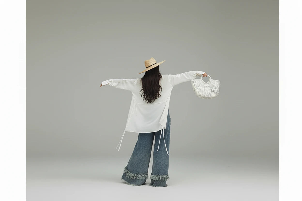 Damskie Szerokie Spodnie Jeansowe z Frędzlami – Luźny Krój