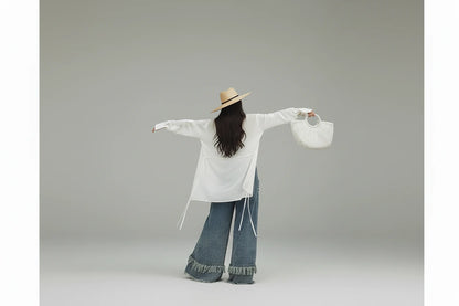 Damskie Szerokie Spodnie Jeansowe z Frędzlami – Luźny Krój