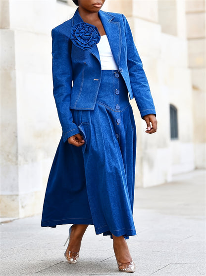 Żakiet dżinsowy z aplikacjami i plisowana spódnica Rewers