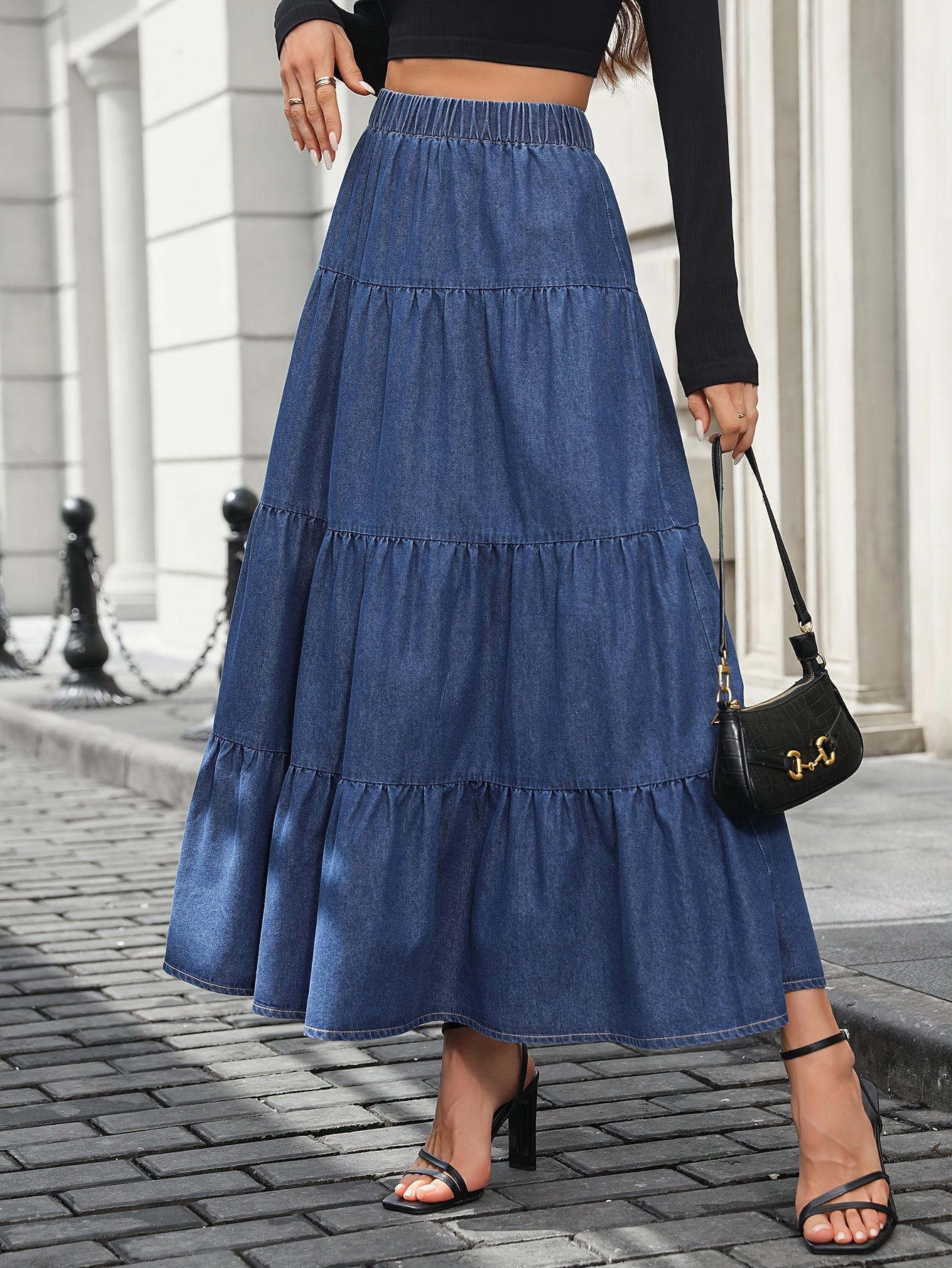 Damska Długa Spódnica Jeansowa High-Waist Falbana