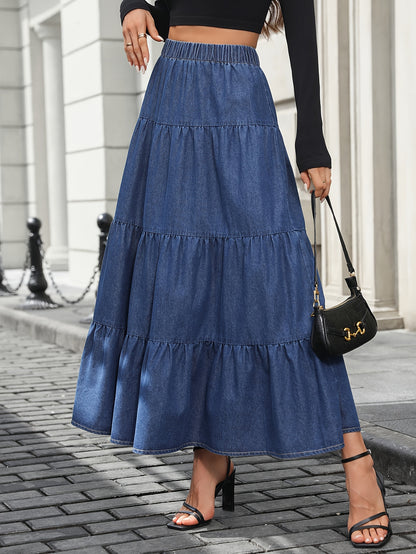 Damska Długa Spódnica Jeansowa High-Waist Falbana